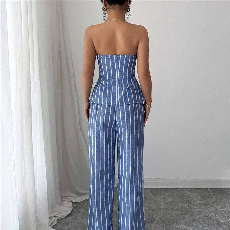 Striped Slim Fit Tube Top Pants Set