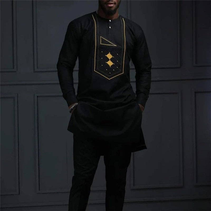 Men's Black Embroidered Long Sleeve Shirt And Pants Set