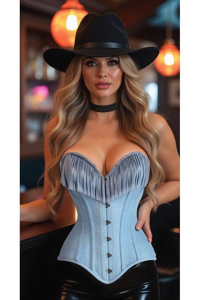 Top Drawer Light Blue Denim Steel Boned Overbust Corset w/Fringe