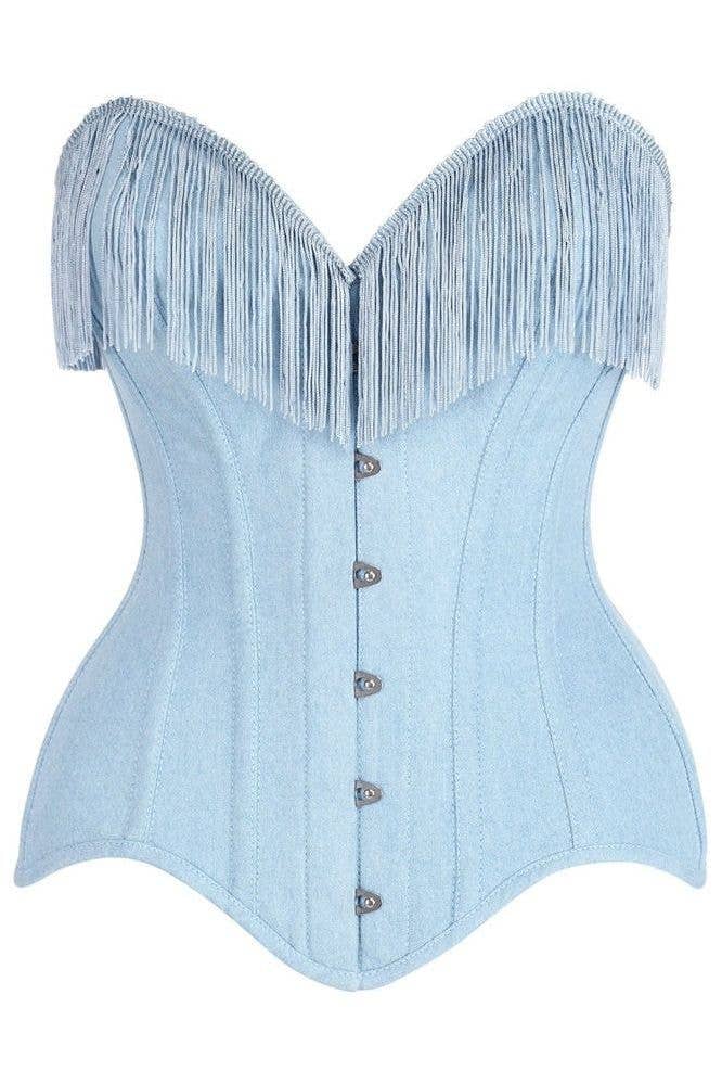 Top Drawer Light Blue Denim Steel Boned Overbust Corset w/Fringe