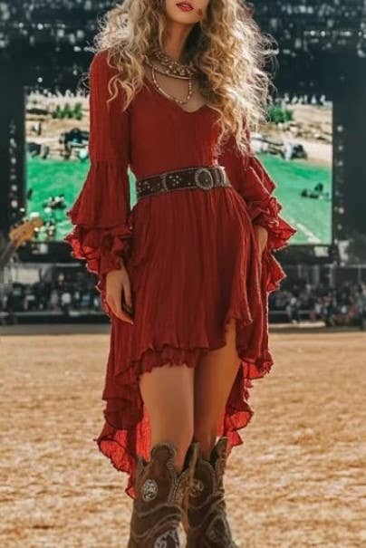 Western Cowgirl Coachella Ruffle high-low swing long dress