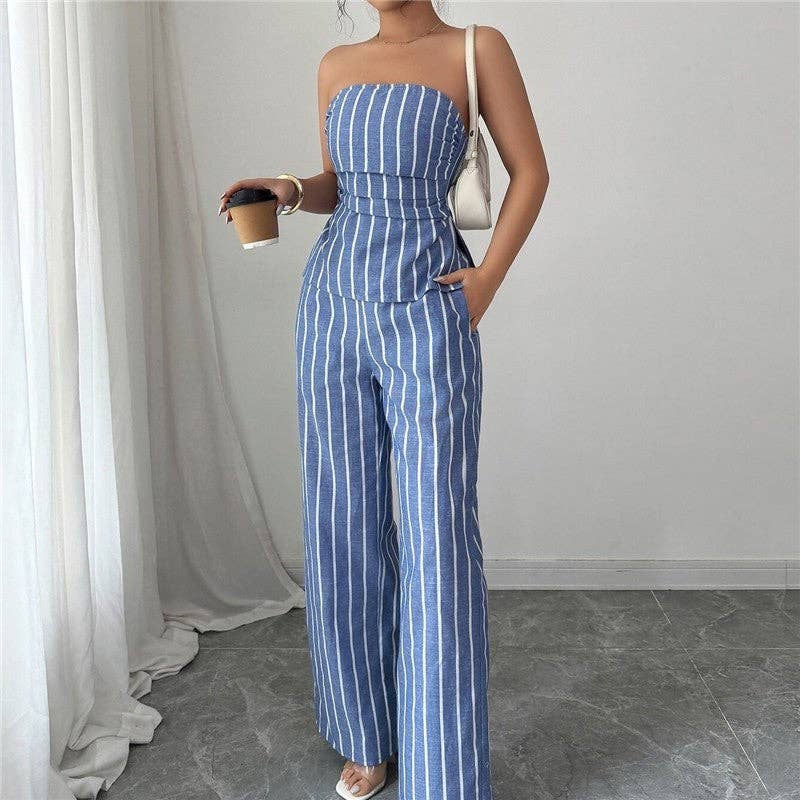Striped Slim Fit Tube Top Pants Set
