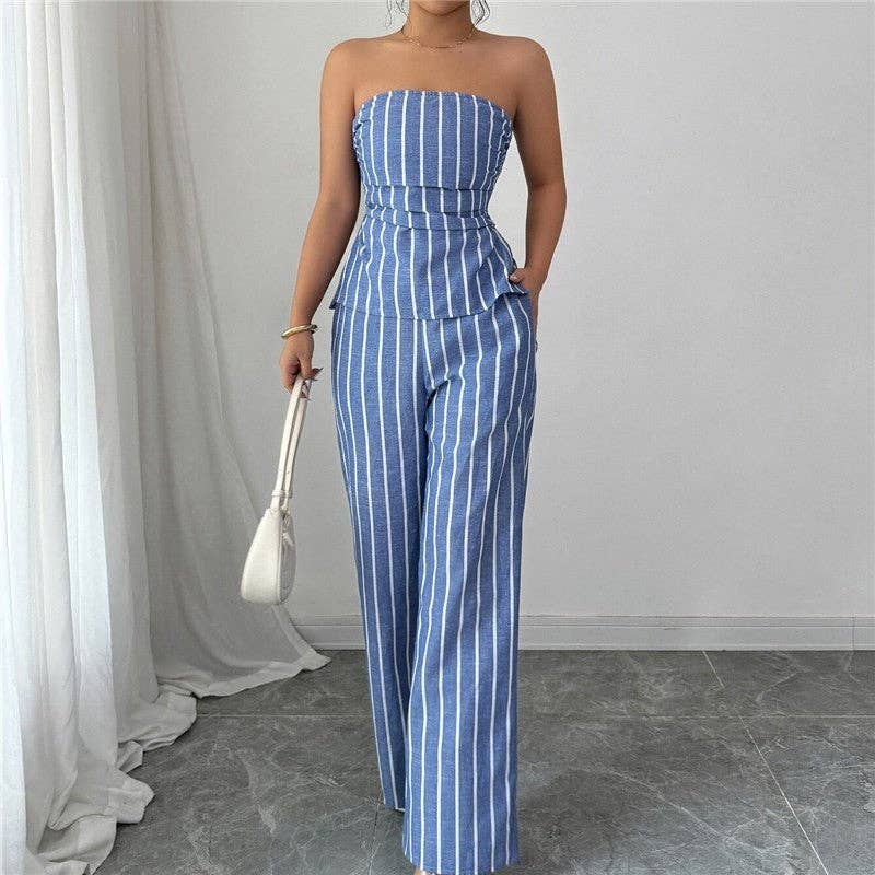 Striped Slim Fit Tube Top Pants Set