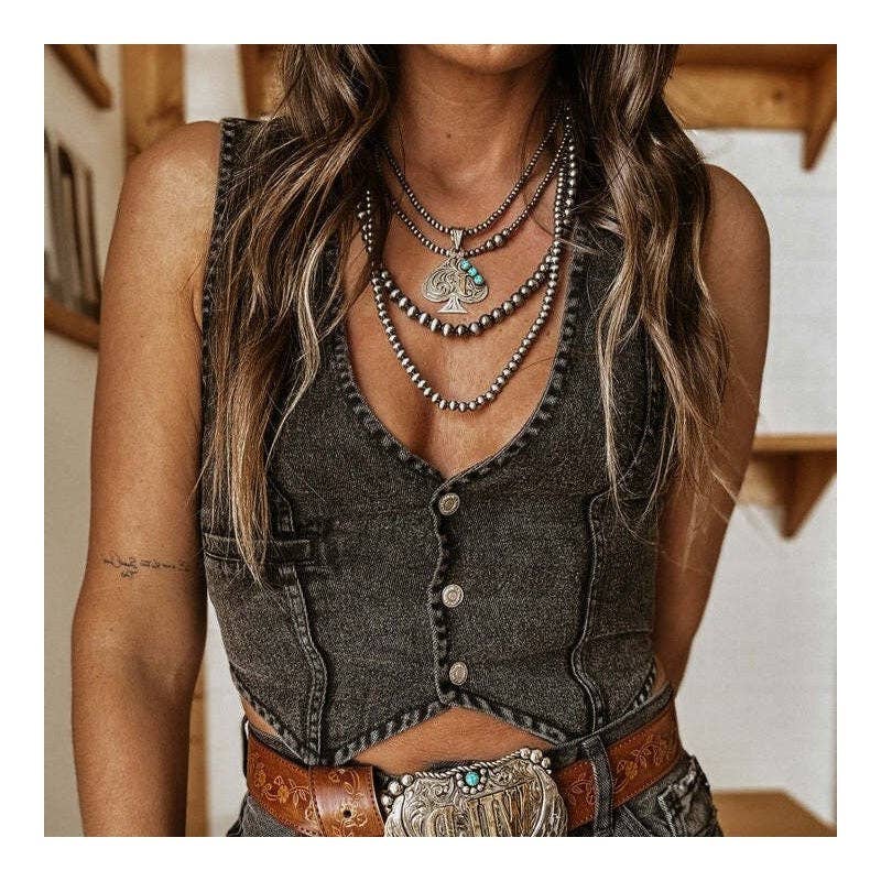 Sleeveless V-Neck Denim Vest In Solid Color