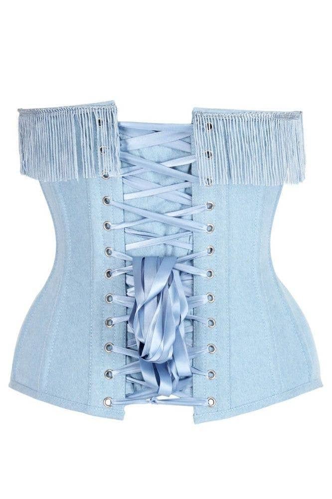 Top Drawer Light Blue Denim Steel Boned Overbust Corset w/Fringe