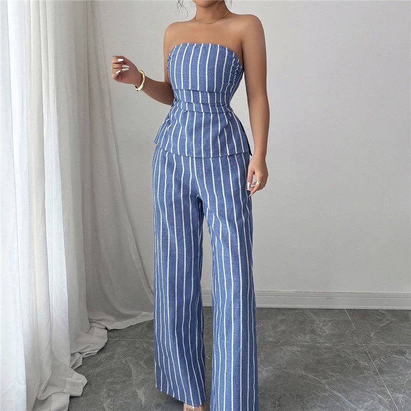 Striped Slim Fit Tube Top Pants Set