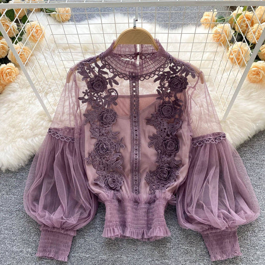 Vintage Sheer Balloon Sleeve Floral Mesh 2 Pcs Top 9 Colors