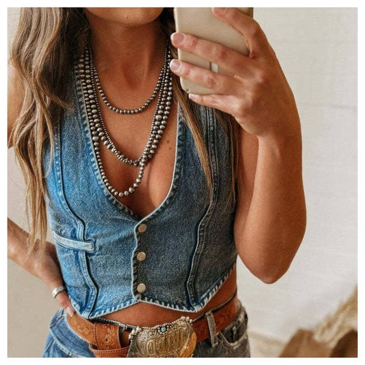 Sleeveless V-Neck Denim Vest In Solid Color