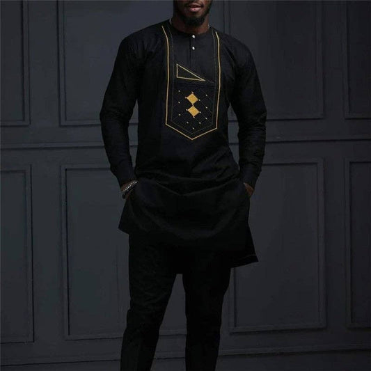 Men's Black Embroidered Long Sleeve Shirt And Pants Set